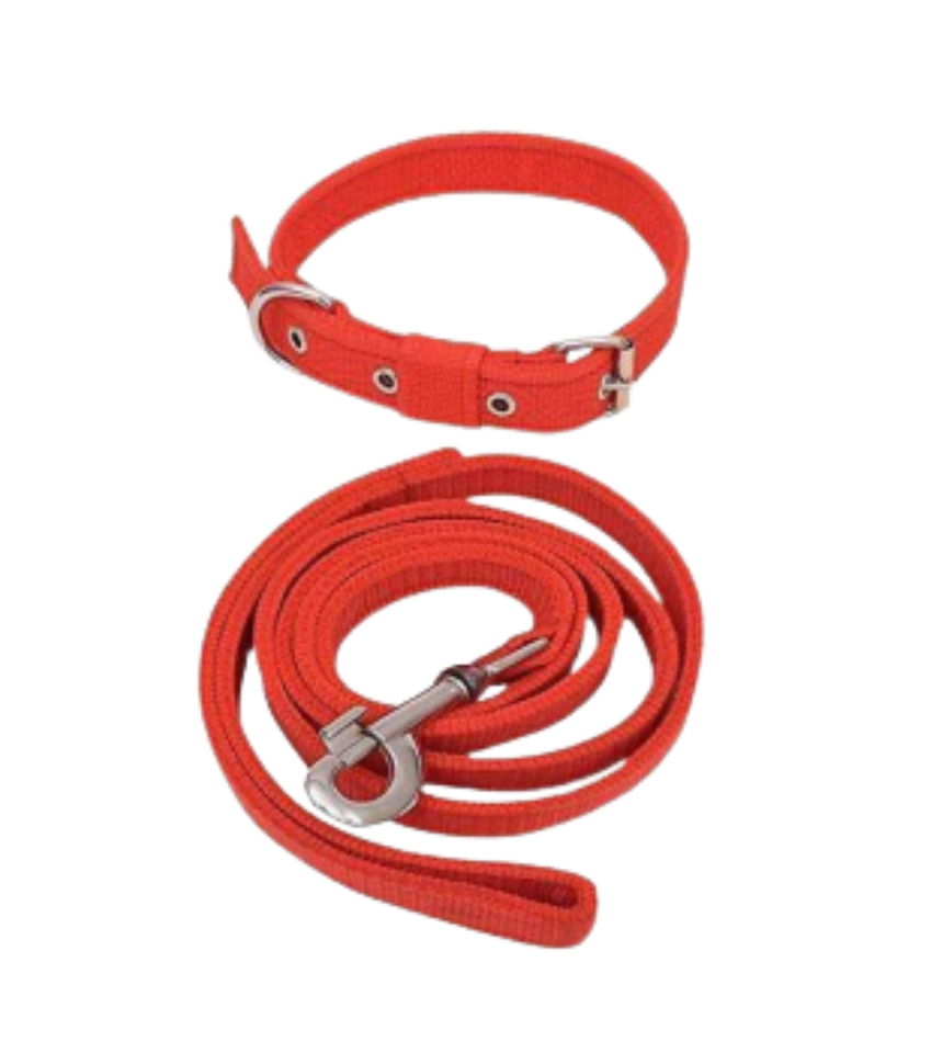 Dog Neck Collar Belts and Leash Set (Red)